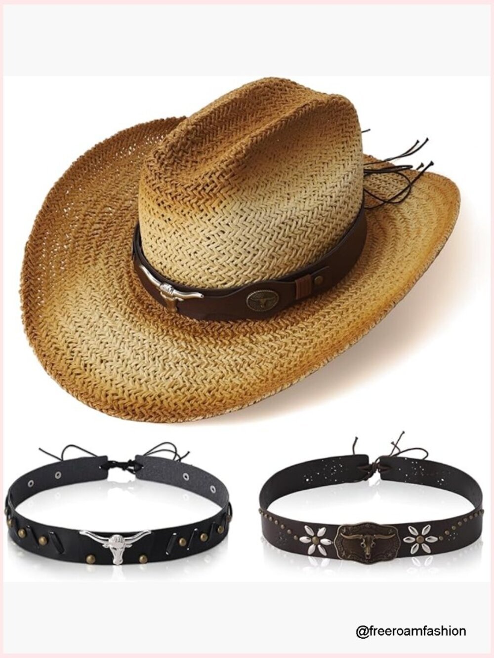 Straw Cowboy Hat with Hatbands Breathable Wide Brim Shapable